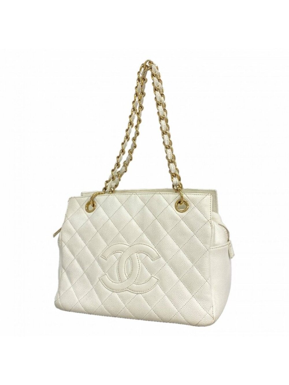 Chanel Chain Tote Quilted Caviar Leather White Champagne Gold